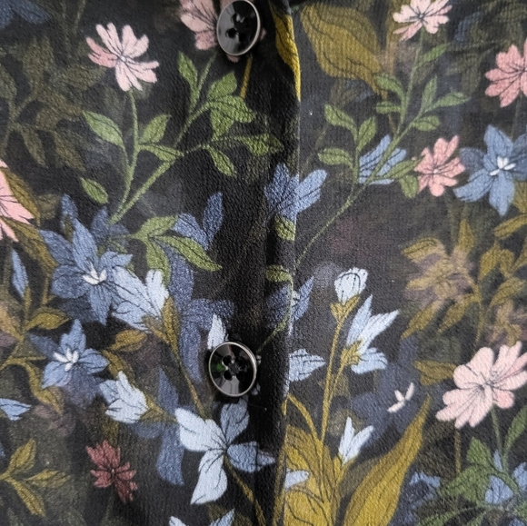 Cabi Women's Floral Sheer Button Up Ruffle Collar Blouse - Black and Blue-Size S - Picture 3 of 10